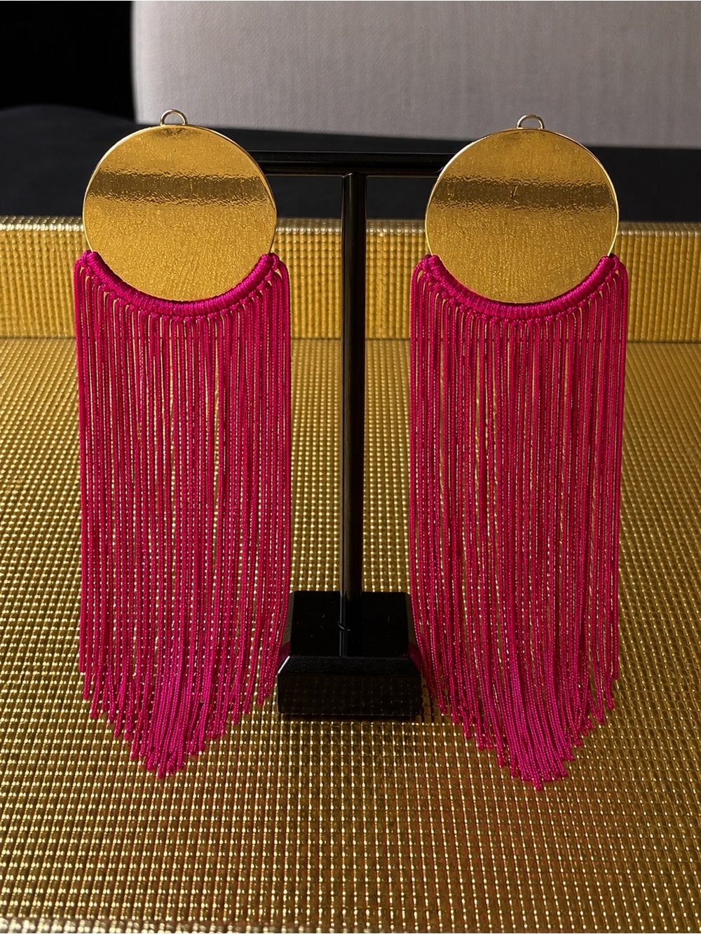 Gold Disc Fringe Earrings in Fuchsia - Women Jewelry